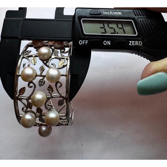 **Vintage 925 Sterling Silver Cuff Bracelet w/ Pearls & Leaf Filigree, Size 6” - Picture 8 of 9